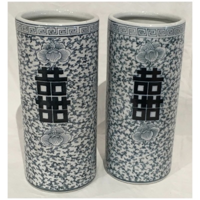 Pair Blue & White Chinese Cylinder Vases
