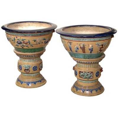 Antique Pair Chinese Bowls On Pedestals