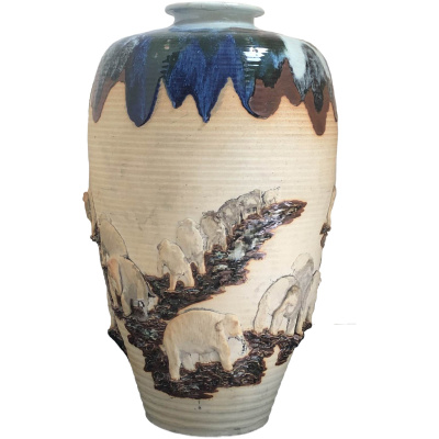 Japanese Art Pottery Vase w/Elephants