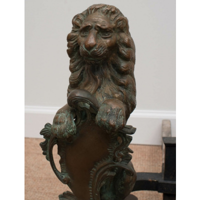 Antique Bronze Amorial Lion Andirons