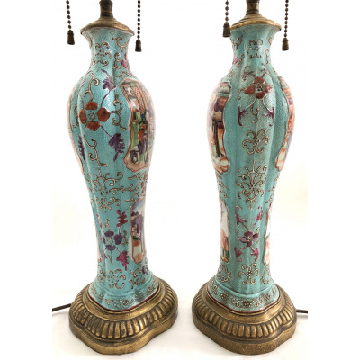 Antique Pair Turq Chinese Export Lamps