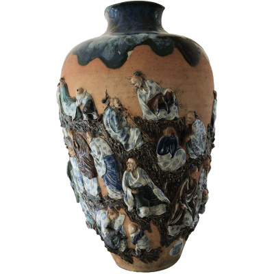 Japanese Art Pottery Lg Vase w/Figures