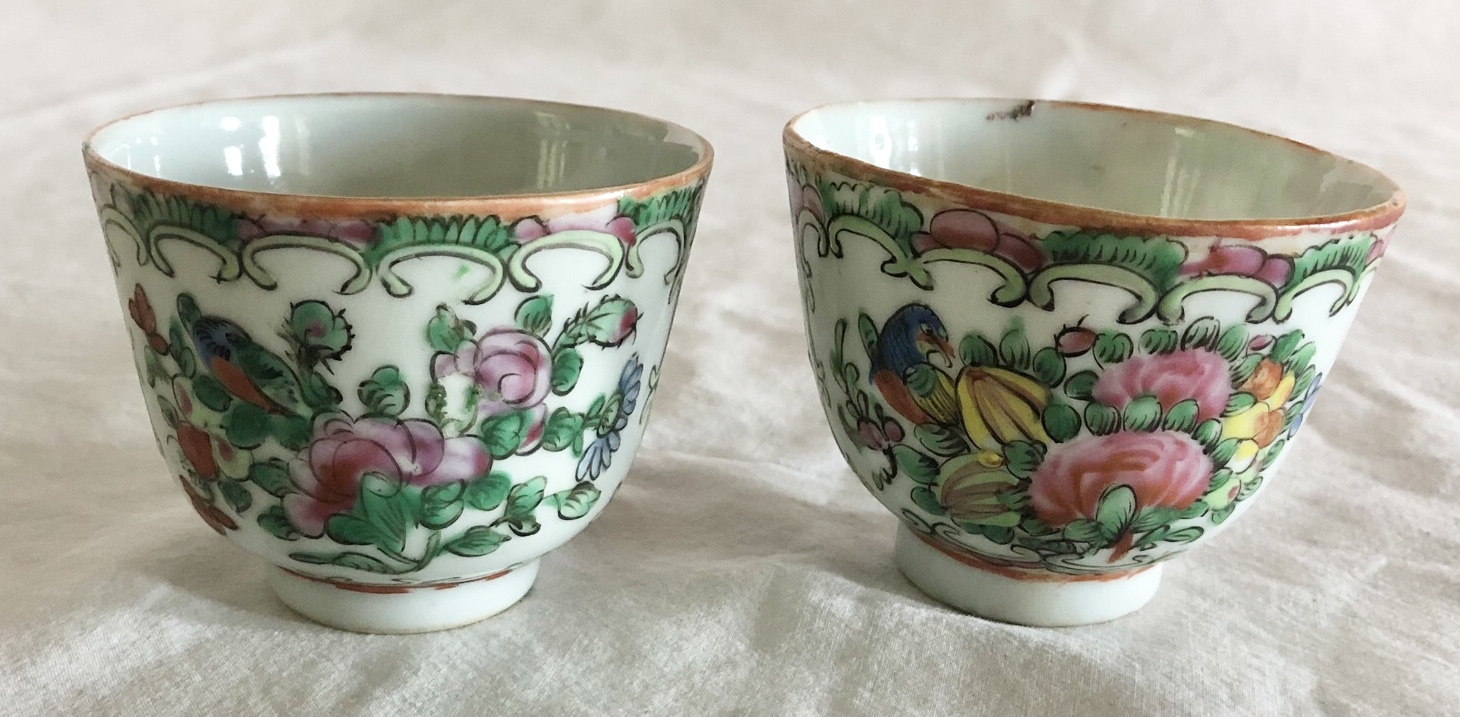 19th c. Rose Medallion Sake Cups - Pair