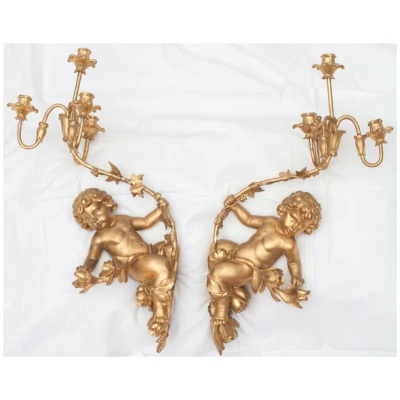 19th c.Pair of Gilded Putti Wall Sconces
