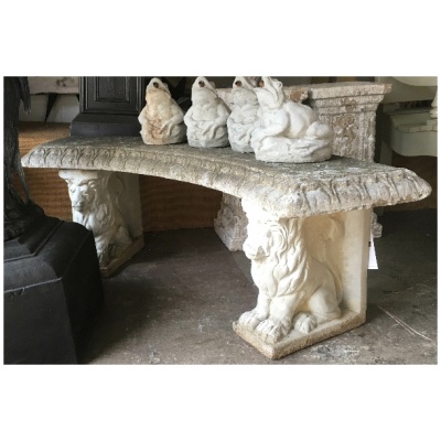 Pair Cast Stone Curved Bench w/Lion Base