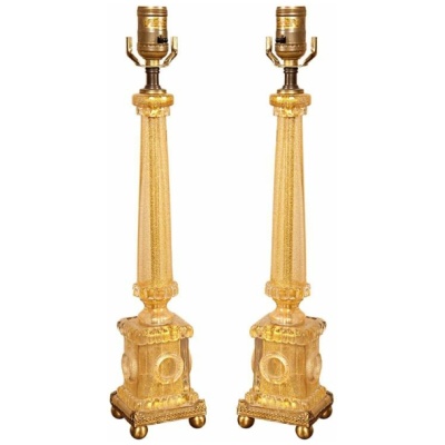 Antique Pair of Gold Murano Column Lamps