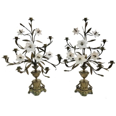 19th c. Pair of Brass Floral Candelabras