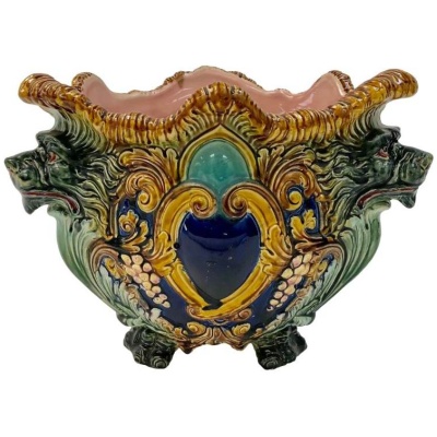 19th c. Majolica Jardiniere w/Lion Heads